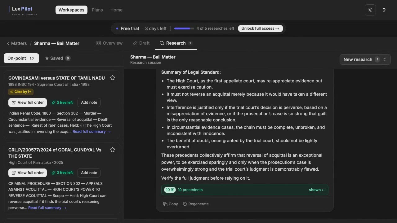 LexPilot research results: on-point cases beside a synthesis of the legal standard