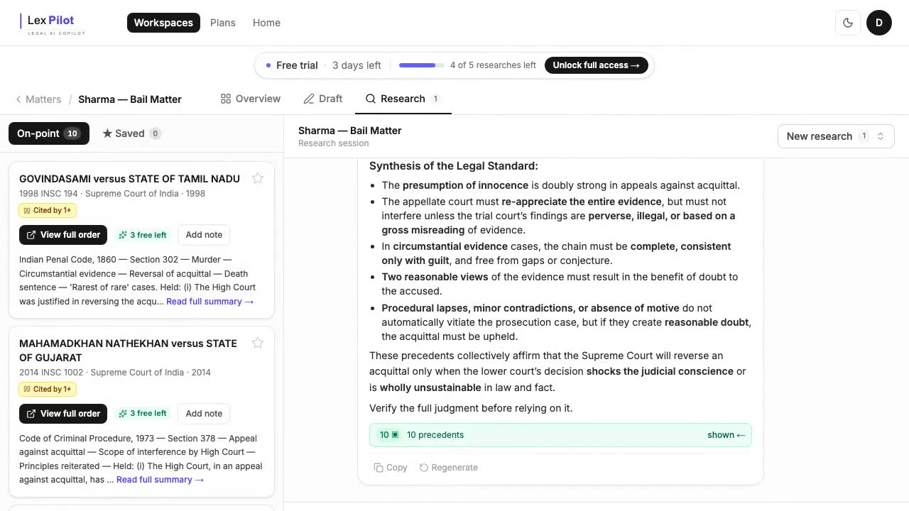 LexPilot research results: on-point cases beside a synthesis of the legal standard